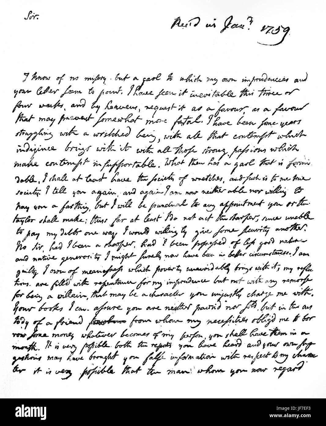 Oliver Goldsmith's - lettera firmata.datata gennaio, 1709. Anglo Irish writer, Drammaturgo, poeta, medico 10 Novembre 1730 o 1728 - 4 aprile 1774. Foto Stock