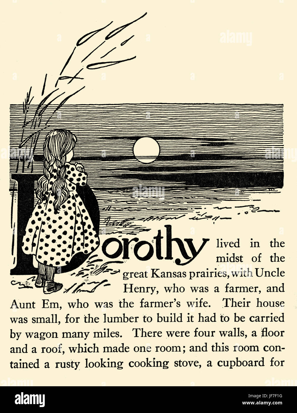 The Wizard of Oz da L. Frank Baum prenota . Illustrazione di W.W. Denslow. Dorothy guardando fuori dalla sua zia e lo zio della fattoria in Kansas. Pubblicato da Bobbs Merryl. Autore americano, 15 maggio 1856 - 6 Maggio 1919 Foto Stock