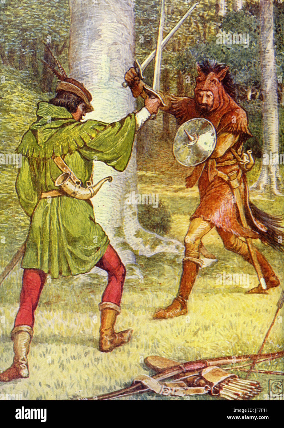 Robin Hood e gli uomini del Greenwood da Henry Gilbert. La didascalia recita: "L'clang di Spada contro spada'. (Robin Hood in lotta). Illustrato da Walter Crane. C.1912 Foto Stock