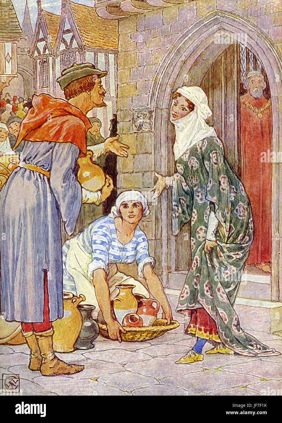 Robin Hood e gli uomini del Greenwood da Henry Gilbert. Didascalia rossi: "entrare in casa, buona chapman'. (Robin Hood in disguise come qualcuno che vende pentole - vendita alla moglie di sceriffo). Illustrato da Walter Crane. C.1912 Foto Stock