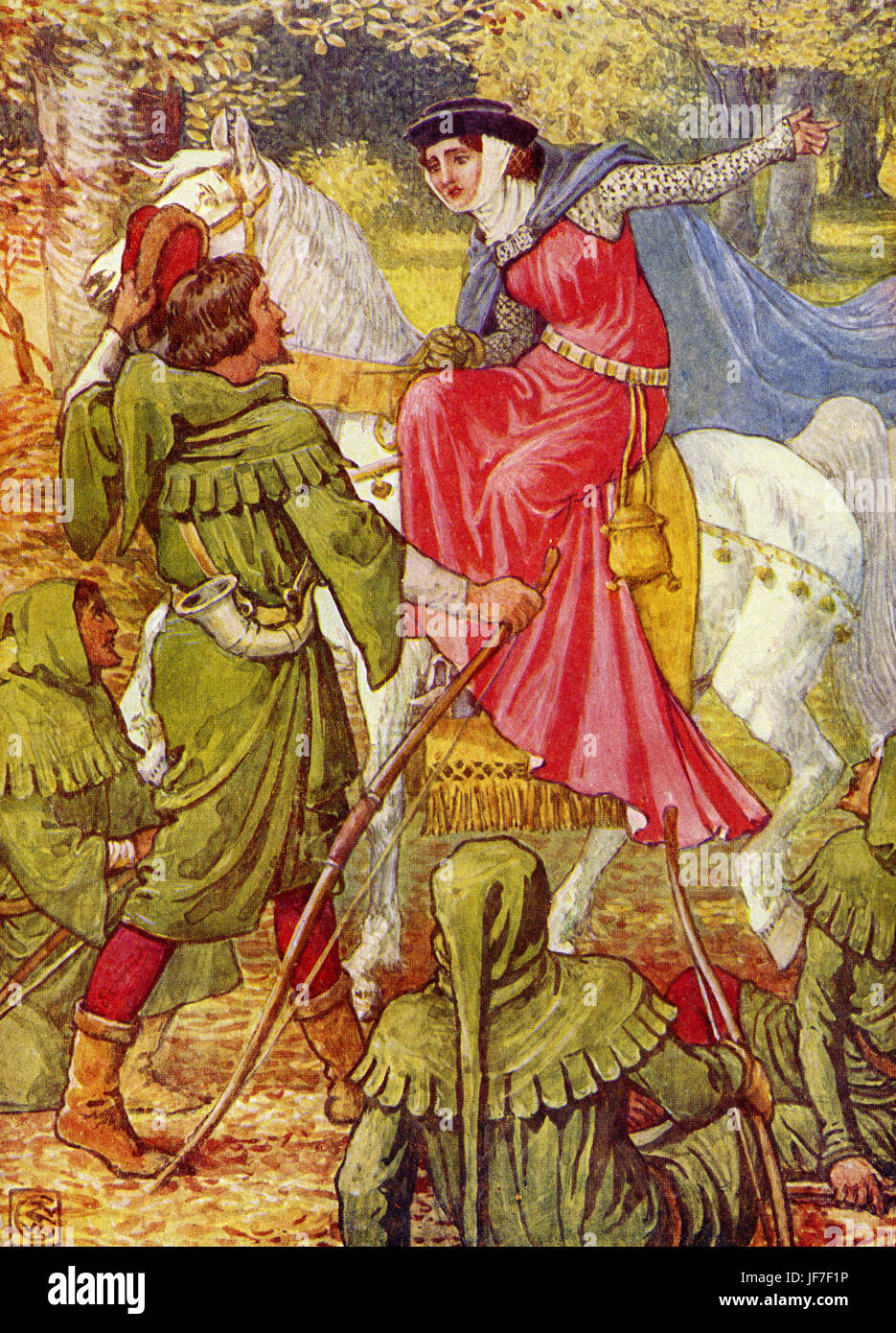 Robin Hood e gli uomini del Greenwood da Henry Gilbert. Didascalia rossi: "Robin Hood e la signora". (Robin Hood incontro la signora - moglie di Sir Richard a Lee). Illustrato da Walter Crane. C.1912 Foto Stock