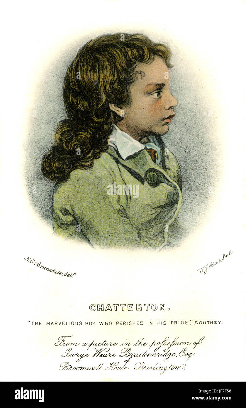 Thomas Chatterton - nella sua gioventù. Poeta inglese e falsario di pseudo-poesia medievale: 20 Novembre 1752 - 24 agosto 1770. La didascalia recita: "il ragazzo meraviglioso che perirono nel suo orgoglio". Southey. Foto Stock