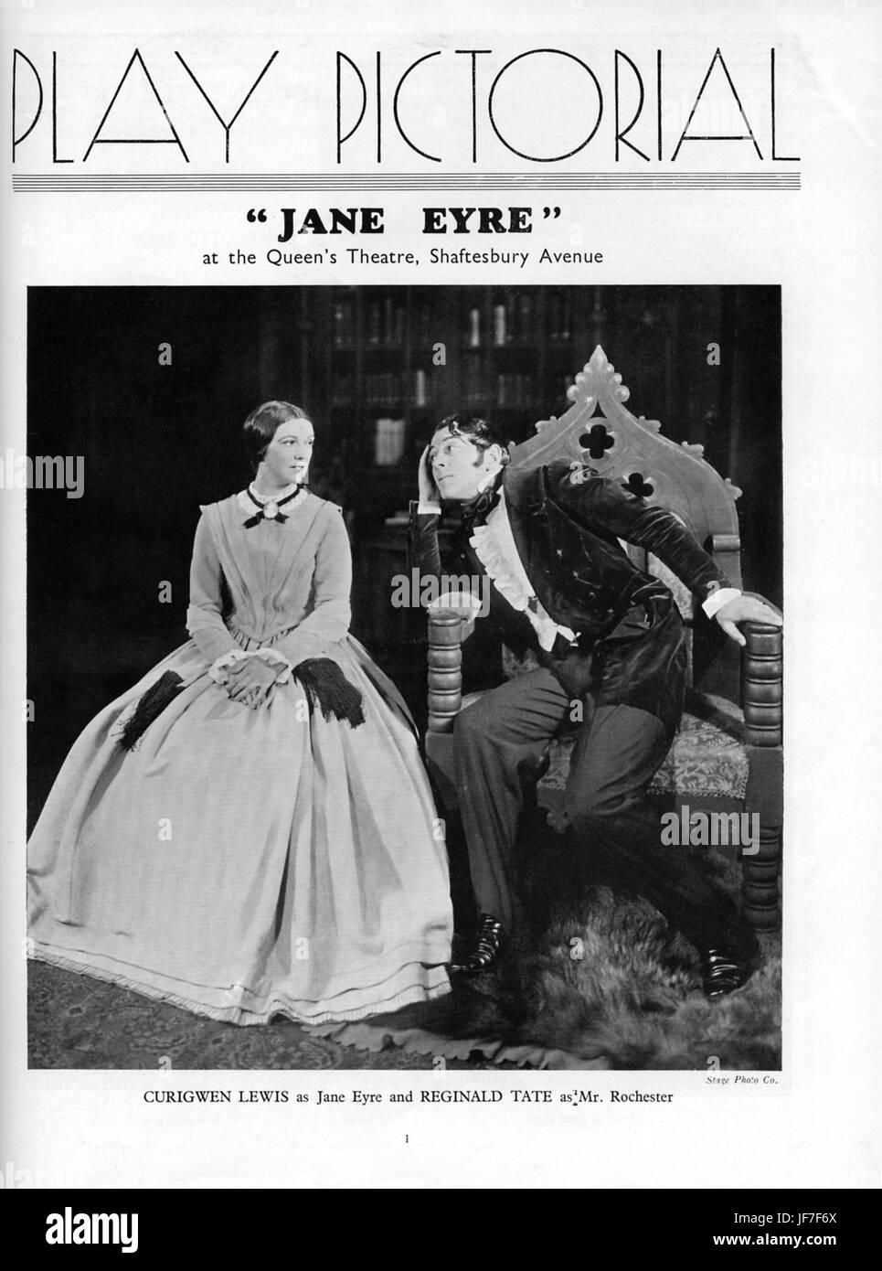 "Jane Eyre' con Curigwen Lewis come Jane e Reginald Tate come Mr Rochester, Cirillo Phillips 's produzione al Queen's Theatre, Londra, 1936. Basato sul romanzo di Charlotte Bronte. RT, attore inglese, 13 Dicembre 1896 - 23 agosto 1955. Foto Stock