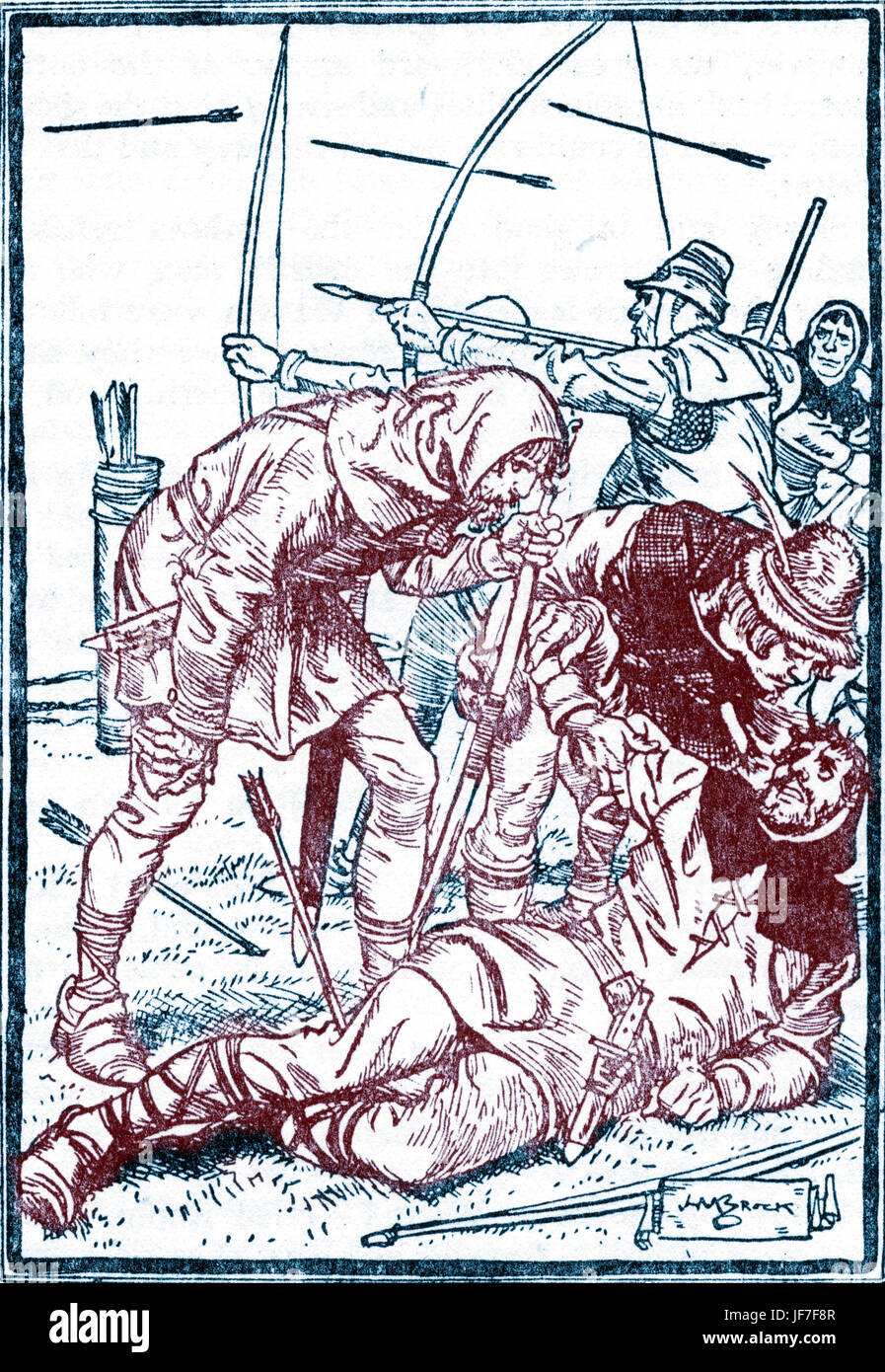 Robin Hood e gli uomini del Greenwood. La didascalia recita:' io non può andare più lontano, ragazzi, ho paura". Illustrato da H. M. Brock. C.1912. Versione oscurata. Foto Stock
