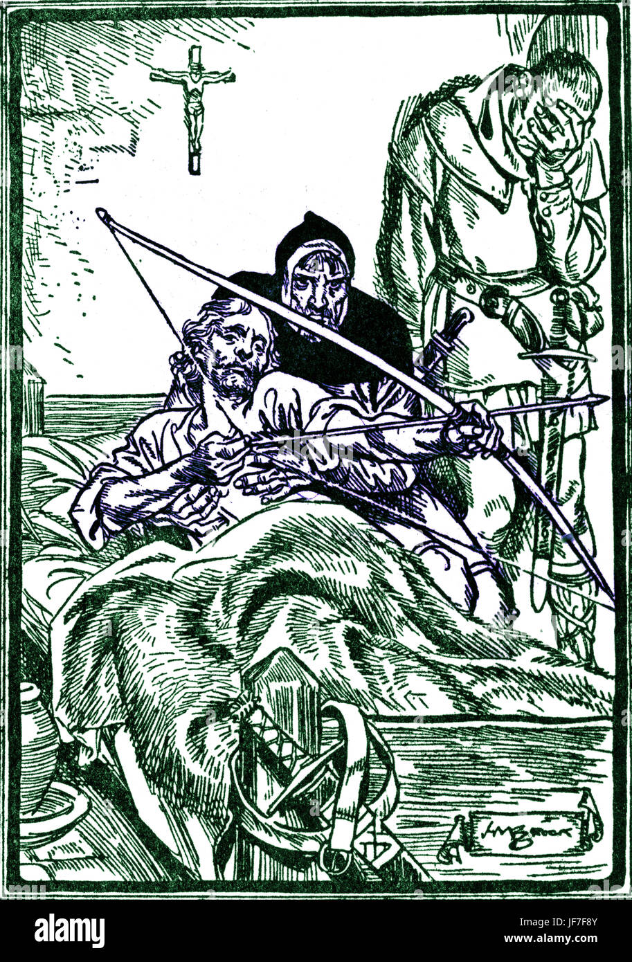 Robin Hood e gli uomini del Greenwood. La didascalia recita: "Robin spara suo ultimo albero". Illustrato da H. M. Brock. C.1912. Versione oscurata. Foto Stock