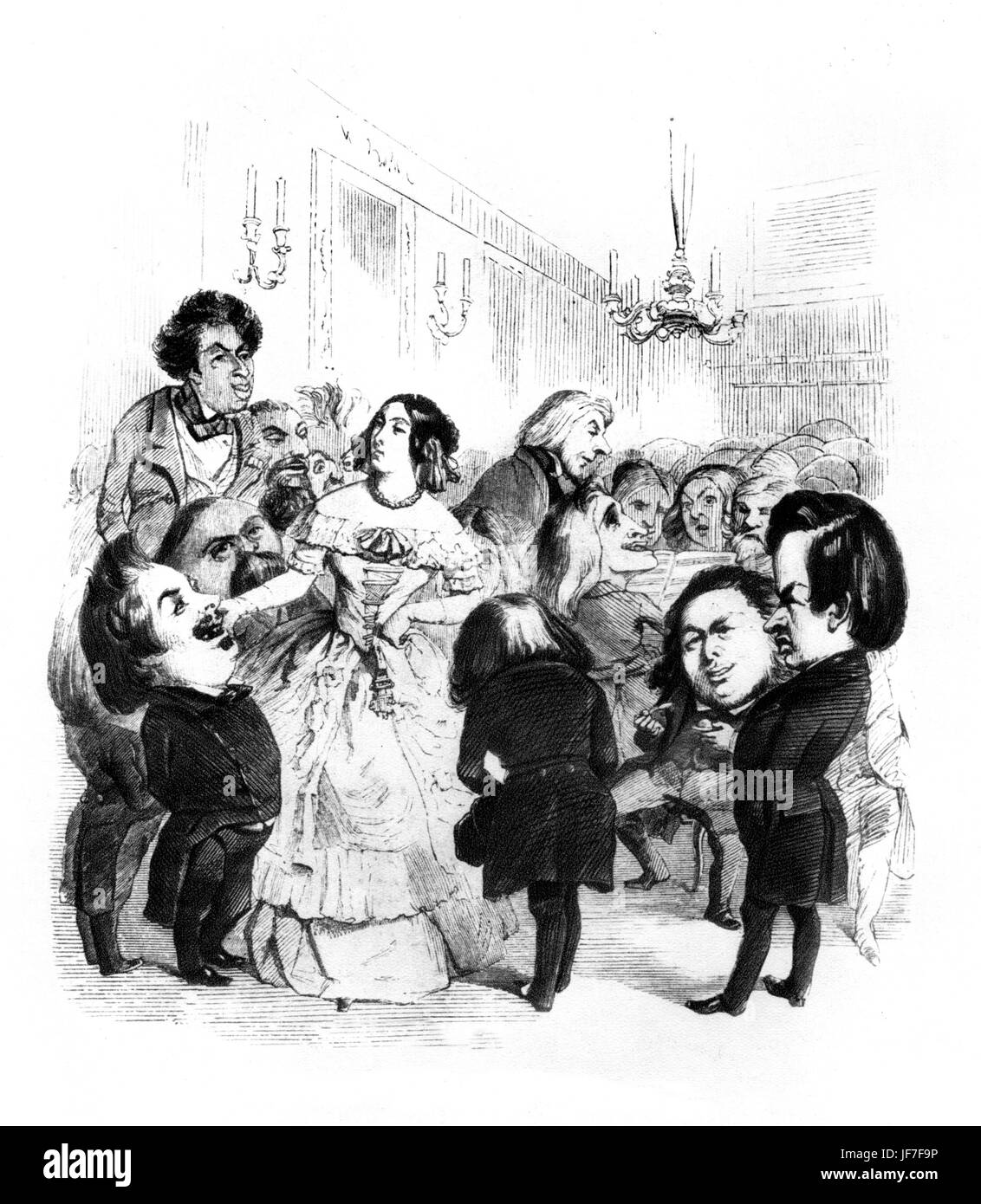 Madame de Girardin 's tè artistico - caricatura di aritistic leader e figure letterarie a Parigi (metà del XIX secolo). Dalla illustrazione di Grandville. Da sinistra a destra: Balzac, F. Souillé, Dumas père, Delphine de Girardin, Liszt al pianoforte, Jules Janin e Victor Hugo. La didascalia recita: Thé artistique, assaisonné de grandes hommes" [tè artistico, condito con importanti uomini]. FL: Ungherese pianista e compositore, 22 Ottobre 1811 - 31 luglio 1886. Foto Stock