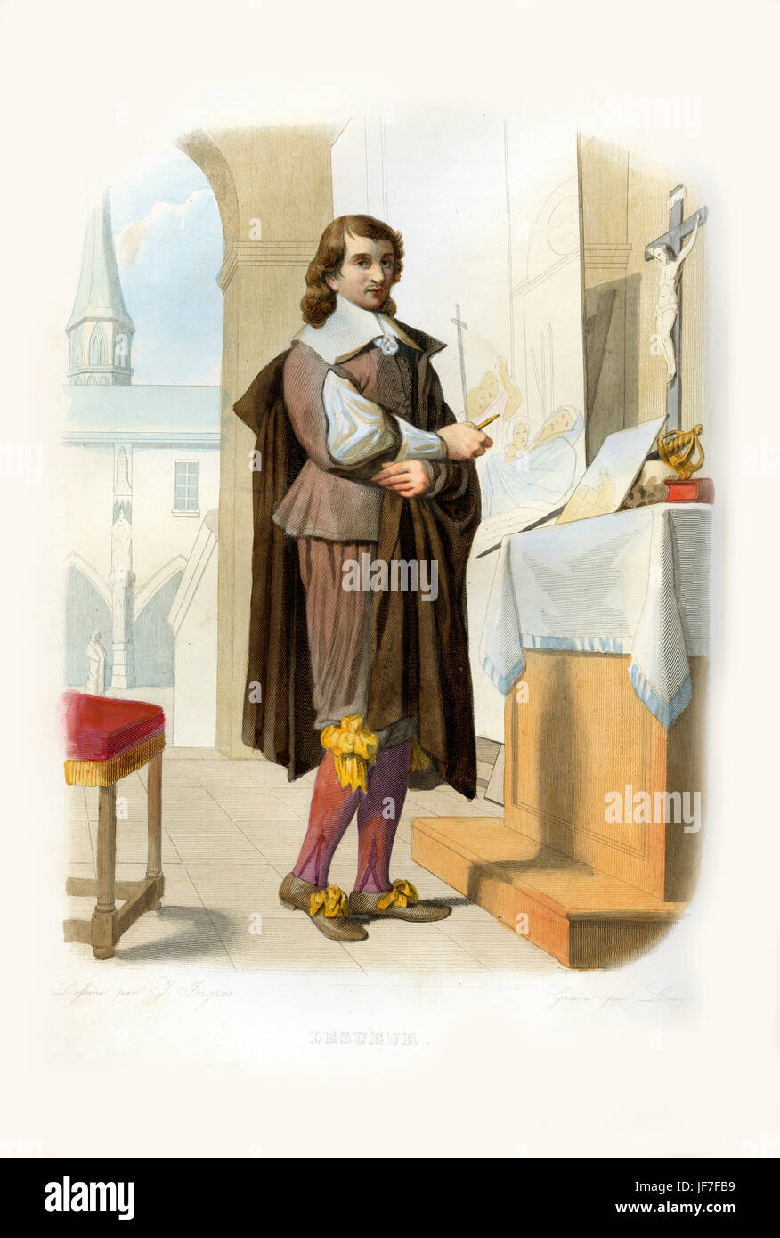 Eustache Le Sueur (o Lesueur). Pittore Francese e uno dei fondatori dell' Accademia Francese della pittura. 1617-1655. Incisione di Laugier.c.1845 Foto Stock