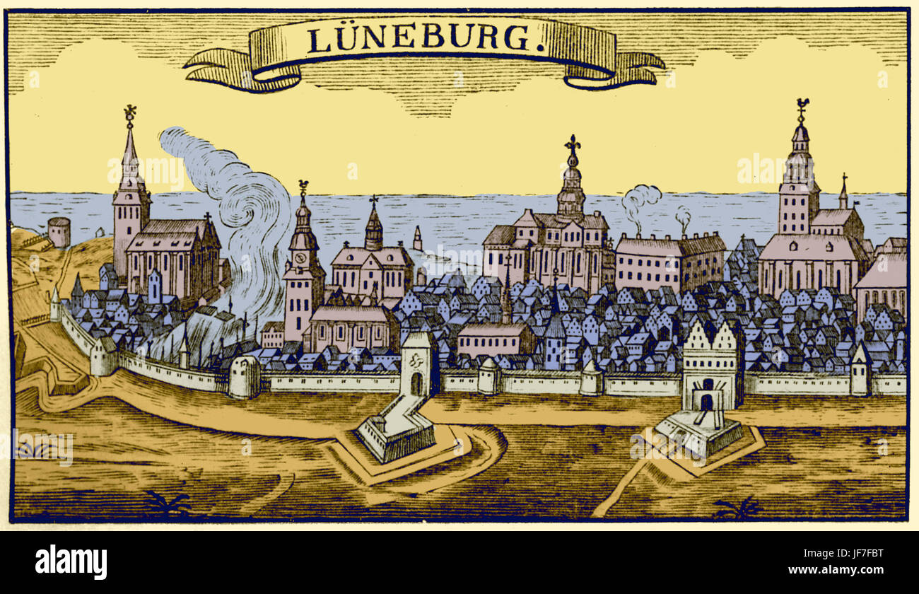 Lüneberg, Germania. Johann Sebastian Bach, del compositore tedesco e organista, spostato di Luneberg nel marzo 1700. Bach: 21 Marzo 1685 - 28 luglio 1750. Guglie della chiesa. Vista del paesaggio. Foto Stock