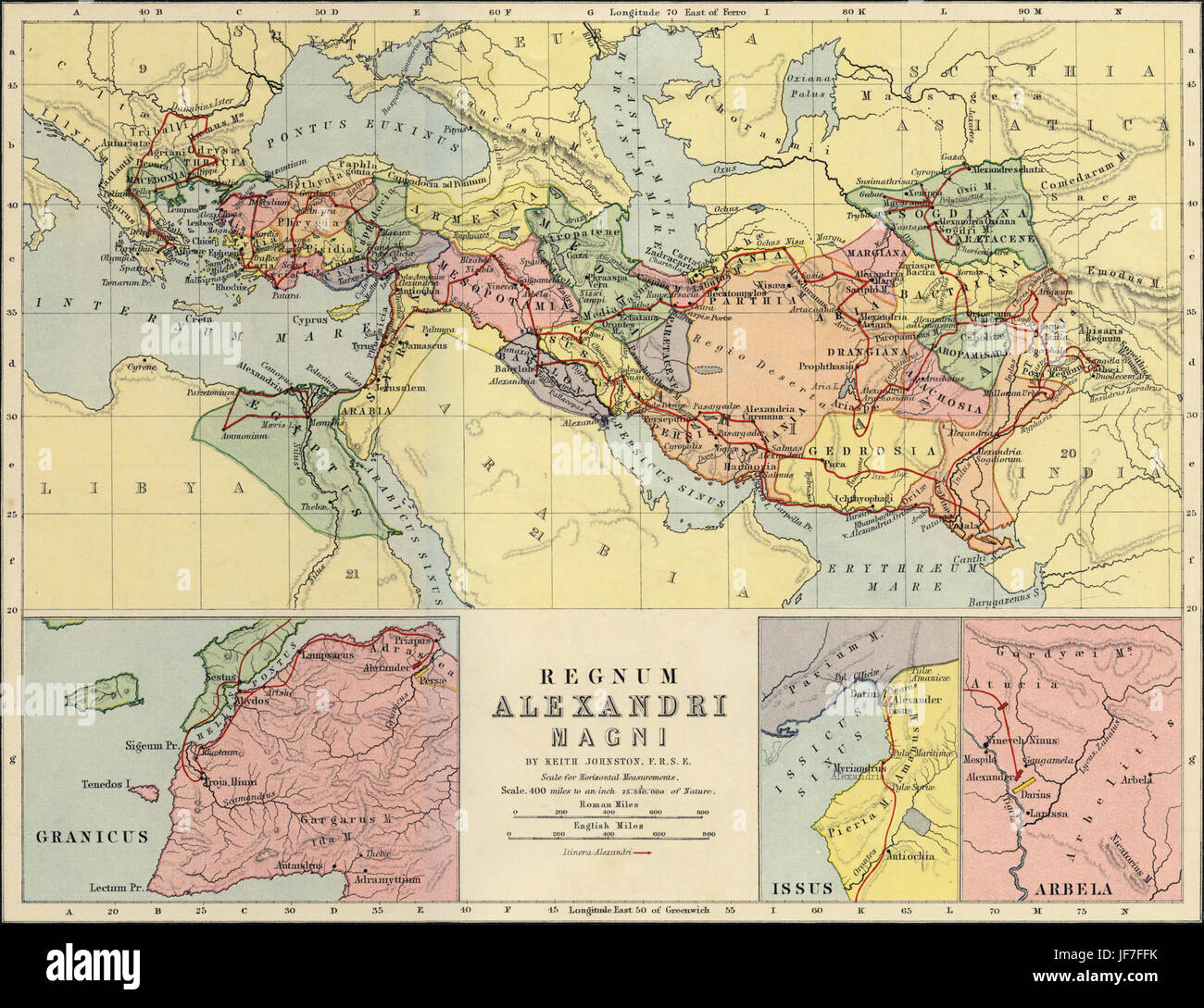 Mappa dell'impero di Alessandro il Grande ( IV secolo A.C. ), mostrando il suo percorso di conquista in Asia, del Medio Oriente e del sud dell'Europa. Mostra le viste ingrandite di Granicus, Isso e Arbela. Disegnato da Keith Johnston F.R.S.E. Pubblicato in La classica senza rivali Atlas di W. e A.K. Johnston nel 1877. Foto Stock