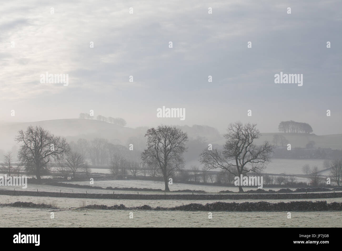 Paesaggio Chelmorton nella nebbia, Derbyshire, Regno Unito Foto Stock