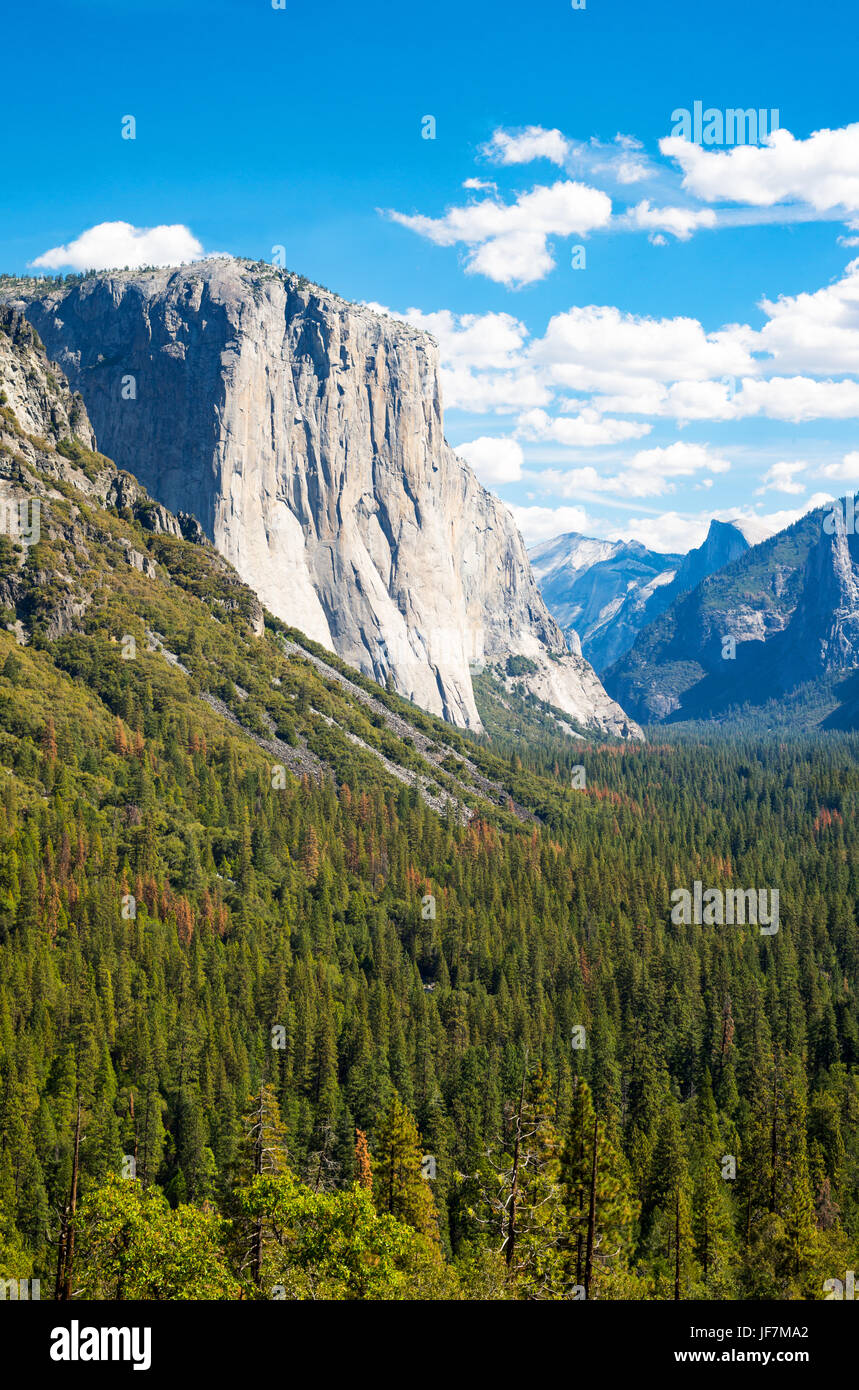 Parco Nazionale di Yosemite in California, vista panoramica della valle con il El Capitan e la Cattedrale di guglie di montagne Foto Stock