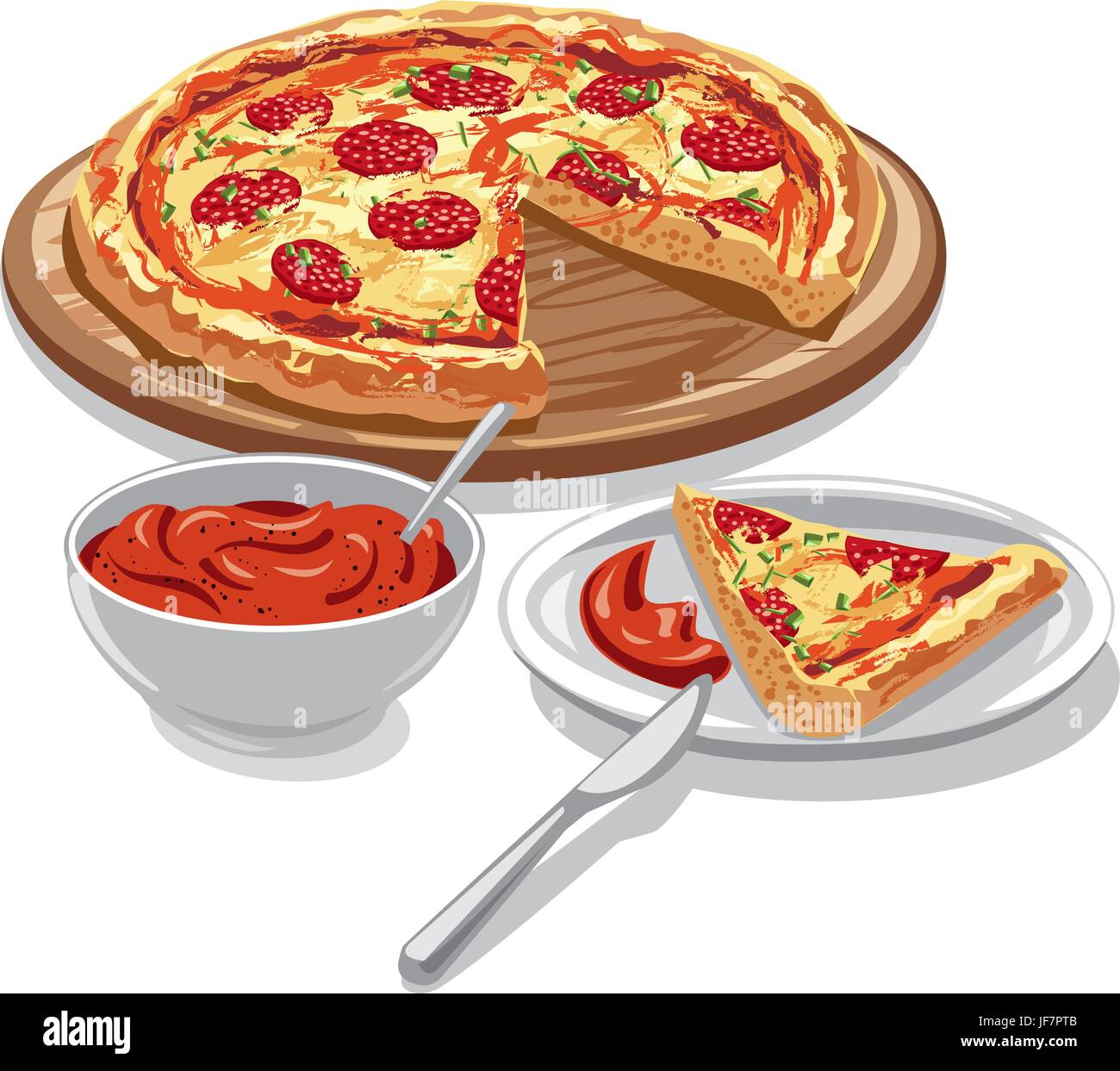 Illustrazione di affettati pizza con salsa di pomodoro Illustrazione Vettoriale