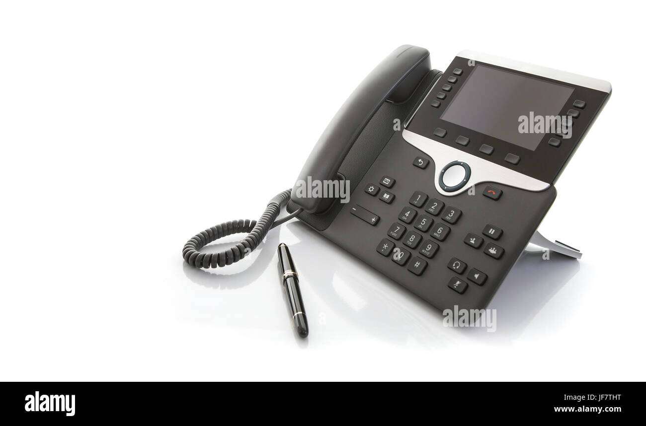 Moderno Business Office IP telefono con penna su sfondo bianco Foto Stock