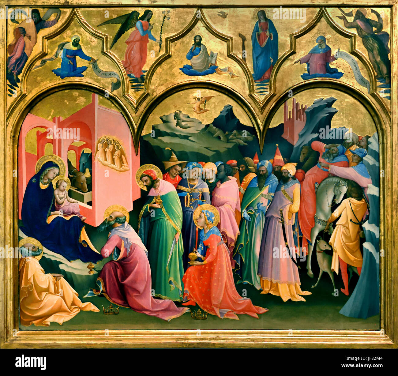 Adorazione dei Magi 1420 Lorenzo Monaco (nato Cristo Gesù, Maria Vergine, San, St, santi, la chiesa cristiana cattolica religione, santo, dio, museo, pittore, pittura, arte, cultura, la bibbia, sacro testamento, civiltà, storia, storico, galleria, master, pezzo, capolavoro, medievale, medioevo, rinascimento, Italia, ITALIANO, 1370 -1425 pittore italiano del tardo gotico-rinascimentale Foto Stock