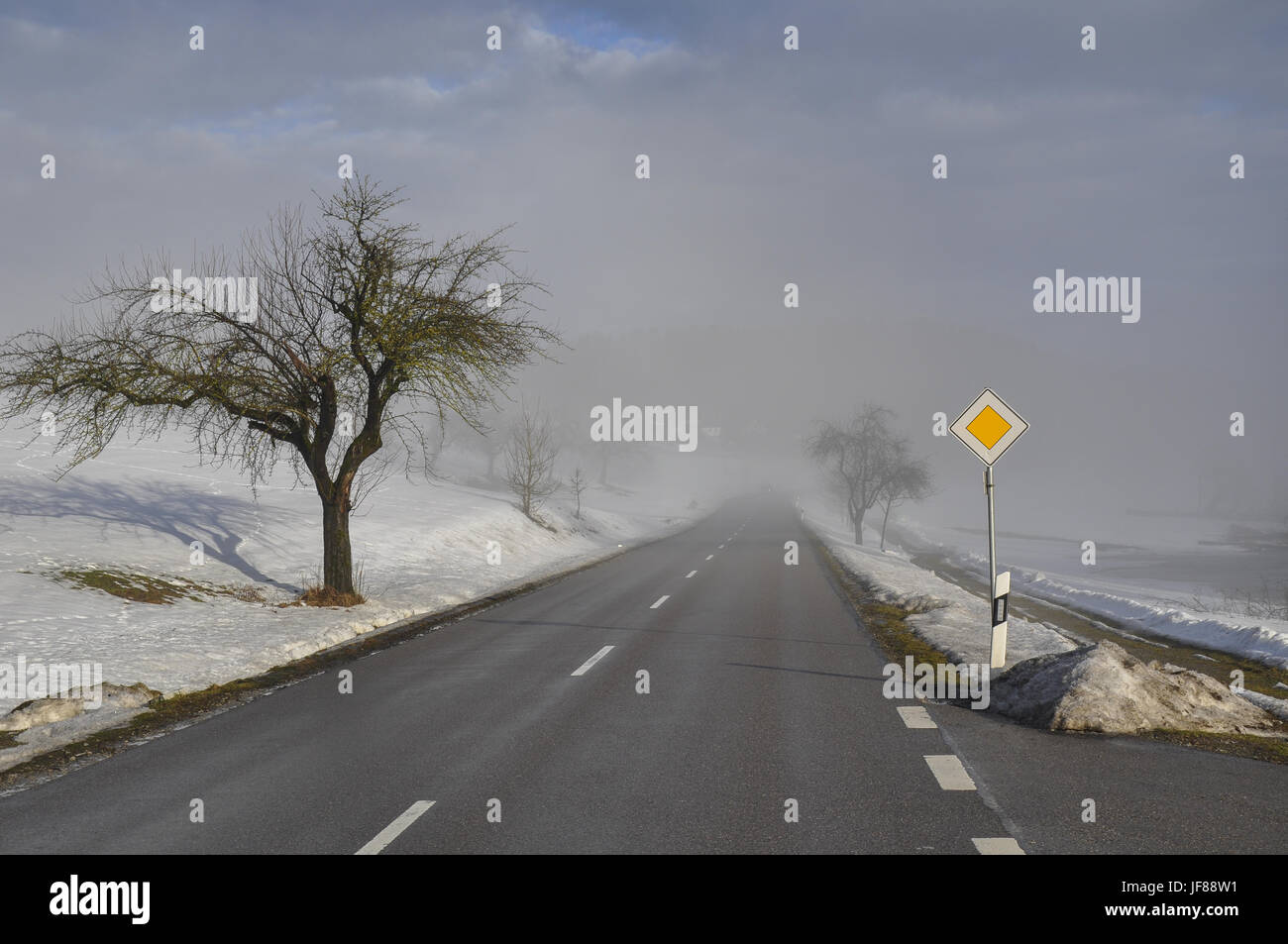 La nebbia durante il viaggio in auto nei dintorni di Schwaebisch Hall Foto Stock
