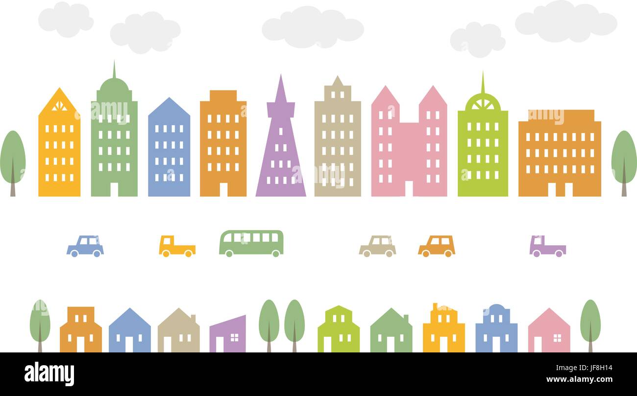Colorata città, edifici case e automobili Illustrazione Vettoriale