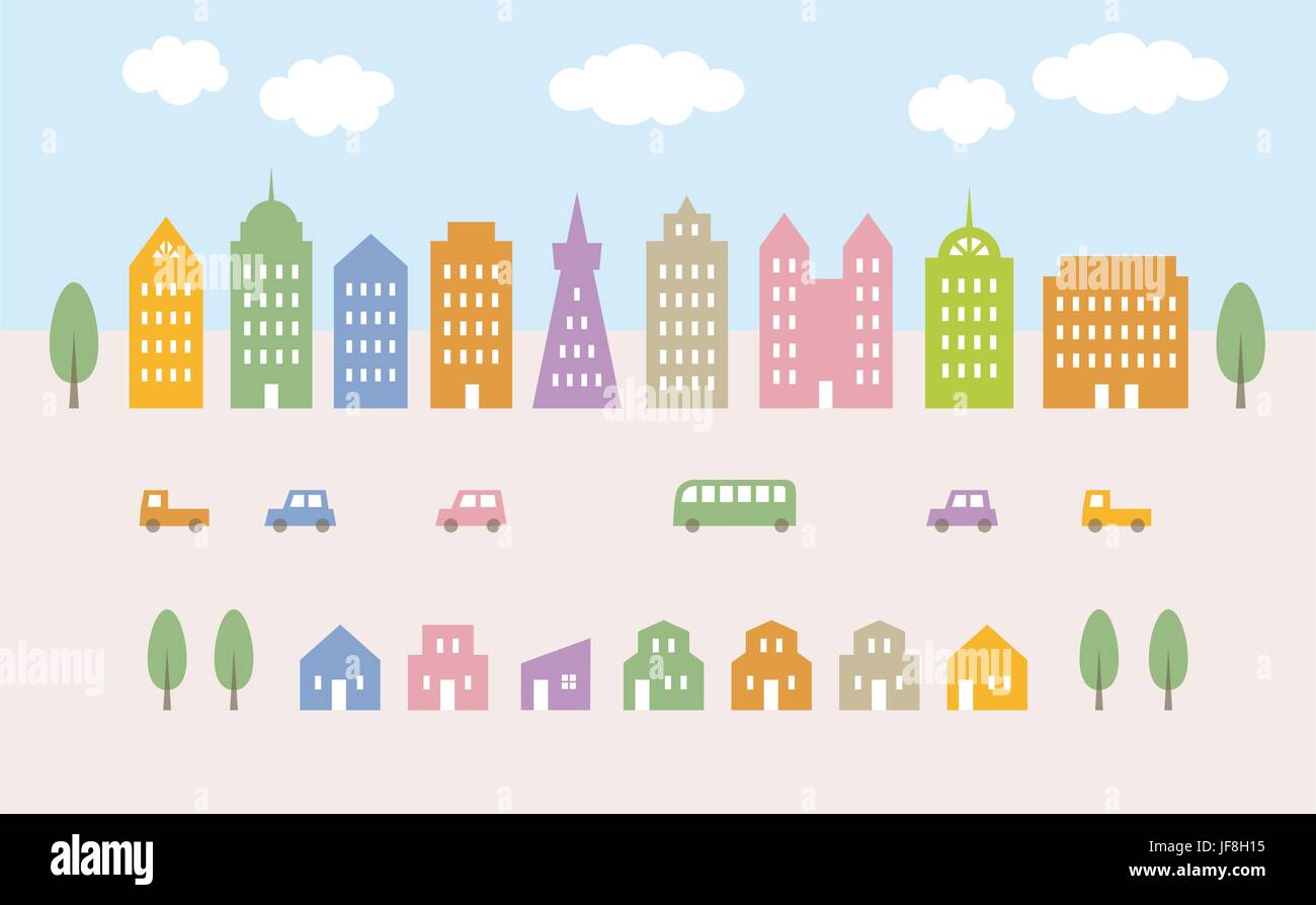 Illustrazione della città, buldings e automobili Illustrazione Vettoriale