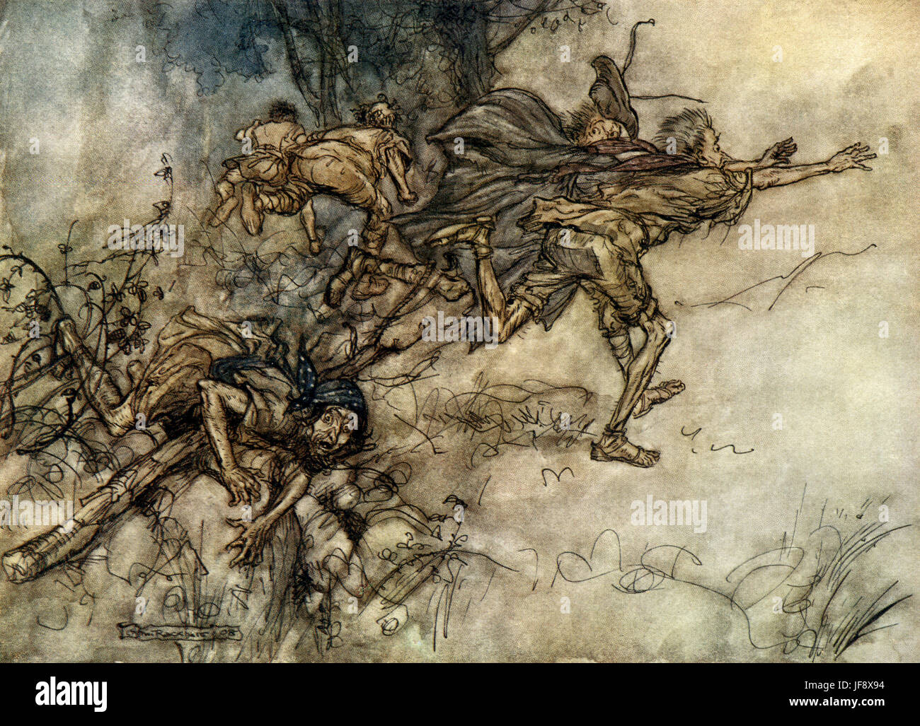 A Midsummer Night's Dream. Illustrazione di Arthur Rackham (1867 - 1939) per il gioco da William Shakespeare. Atto 3 scena 1, mela cotogna e comoda, flauto, muso e Starveling fuggire dal fondo con una testa d'asino era trasformata dal Puck, 'O mostruoso! O strano! Siamo interessati. / Pregare, maestri! Volare, maestri! Aiuto!' English poeta e drammaturgo battezzato 26 Aprile 1564 - 23 aprile 1616. Foto Stock