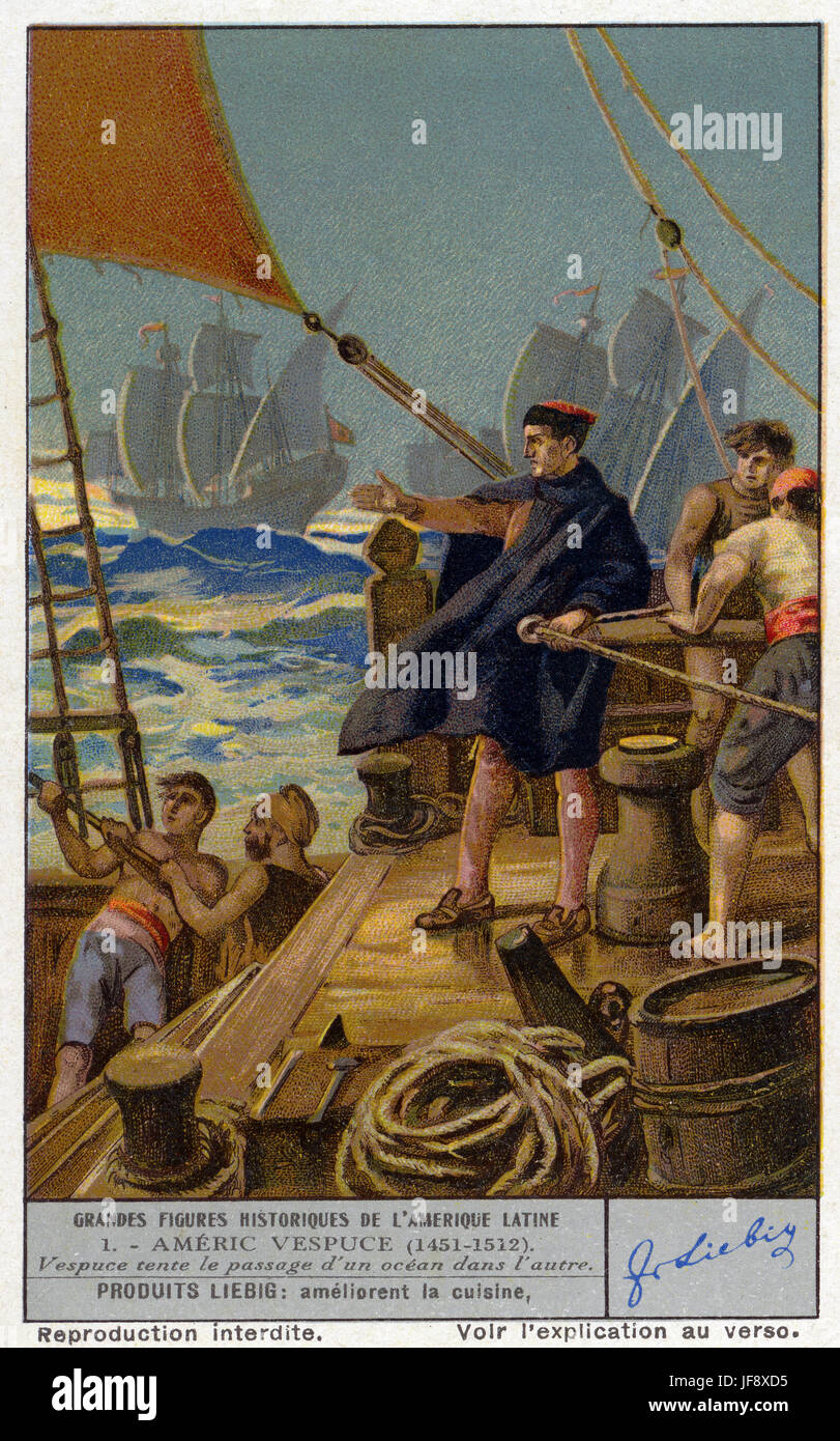 Amerigo Vespucci (1451 - 1512), Italiano explorer. Grandi uomini in latino-americano della storia. Liebig collezionisti di carta, 1938 Foto Stock