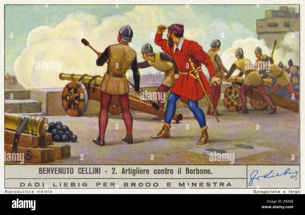 Benvenuto Cellini a combattere in attacco a Roma da Carlo III duca di Borbone, 1527. Cellini (3 novembre 1500 - 13 febbraio 1571), orafo italiano, scultore e scrittore. Liebig collezionisti di carta, 1939 Foto Stock