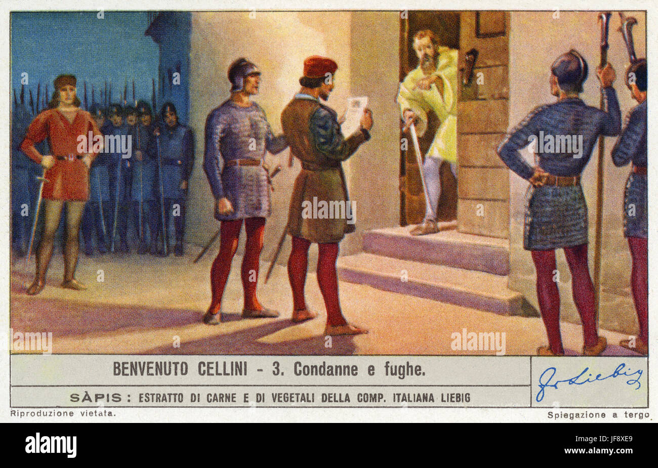 Benvenuto Cellini è arrestato e fugge a Napoli, 1529. (3 novembre 1500 - 13 febbraio 1571), orafo italiano, scultore e scrittore. Liebig collezionisti di carta, 1939 Foto Stock