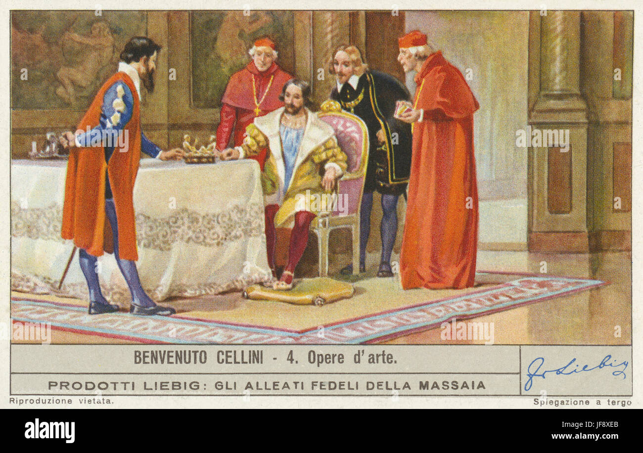 Benvenuto Cellini presentazione di modelli per la sua Saliera (sale cantina) a Ippolito d'Este. (3 novembre 1500 - 13 febbraio 1571), orafo italiano, scultore e scrittore. Liebig collezionisti di carta, 1939 Foto Stock