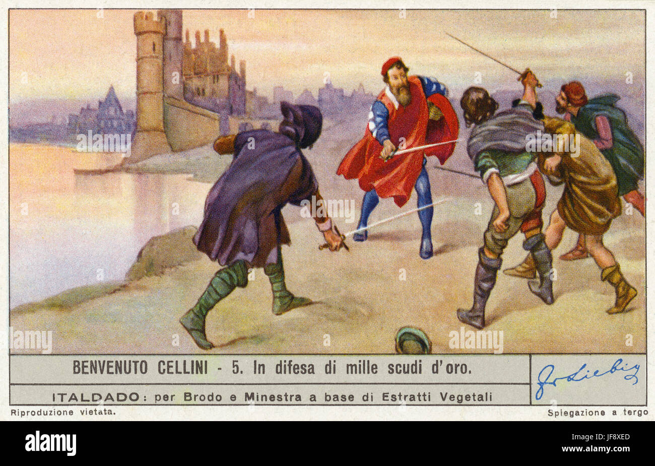 Benvenuto Cellini di difendersi contro i ladri di 1000 corone d'oro che egli ha ricevuto per rendere la saliera, nei pressi di Nesle Castello. Cellini (3 novembre 1500 - 13 febbraio 1571), orafo italiano, scultore e scrittore. Liebig collezionisti di carta, 1939 Foto Stock