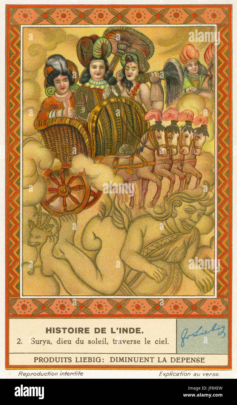 Surya il dio sole attraversano il cielo sul suo carro. Legenda indù. Storia di India. Liebig collezionisti di carta, 1939 Foto Stock