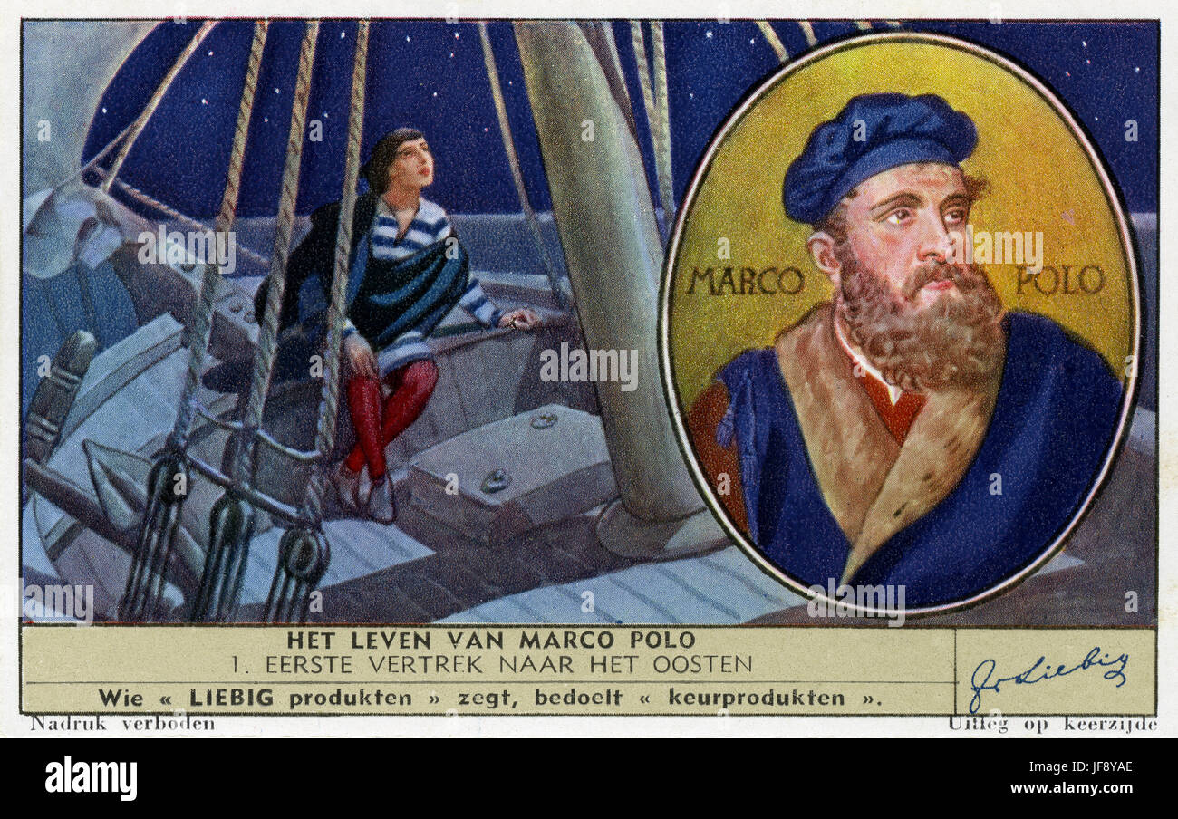 Marco Polo (1254 - 8 gennaio 1324), esploratore veneziano, nel suo primo viaggio in Asia. Liebig collezionisti card, 1941 Foto Stock