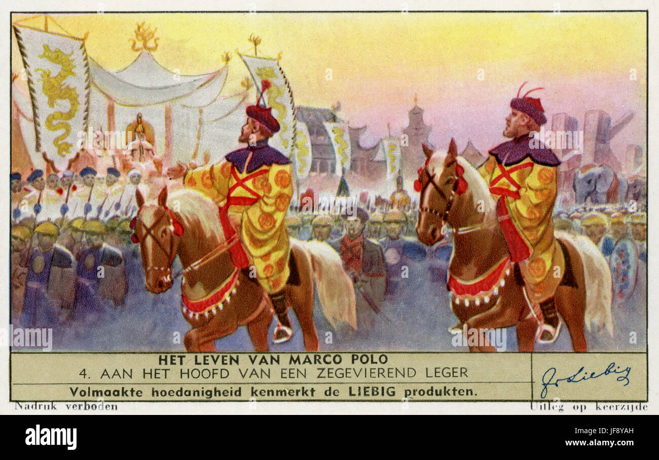 Marco Polo (1254 - 8 gennaio 1324), esploratore veneziano, portando l'orda dorata in un corteo vittorioso dopo la vittoria militare. Liebig collezionisti card, 1941 Foto Stock