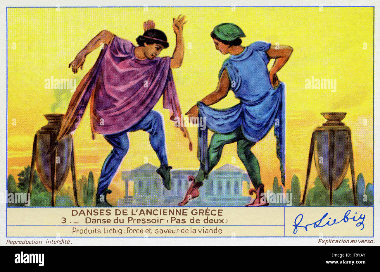 La danza del vino premere (pas de deux). Danze della Grecia antica. Liebig collezionisti card, 1942 Foto Stock