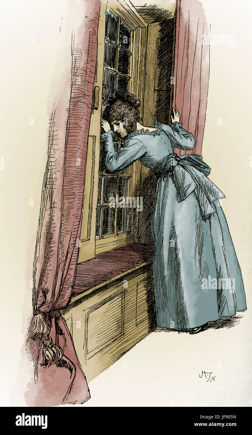 'Sense e sensibilità' di Jane Austen - didascalia recita: Elinor apre una finestra otturatore. In primo luogo pubblicato in 1896, CAPITOLO XLIV. Illustrazione di Hugh Thomson (1860-1920). 1896. JA, romanziere inglese: 16 dicembre 1775 - 18 Luglio 1817 Foto Stock