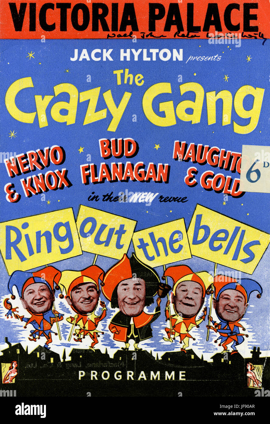 Crazy Gang. Il programma da Victoria Palace degli anni cinquanta. Nervo & Knox, Bud flanagan, Naughty & Gold vestito come jolly. Presentato da jack Hylton. Prezzo sei pence. Foto Stock