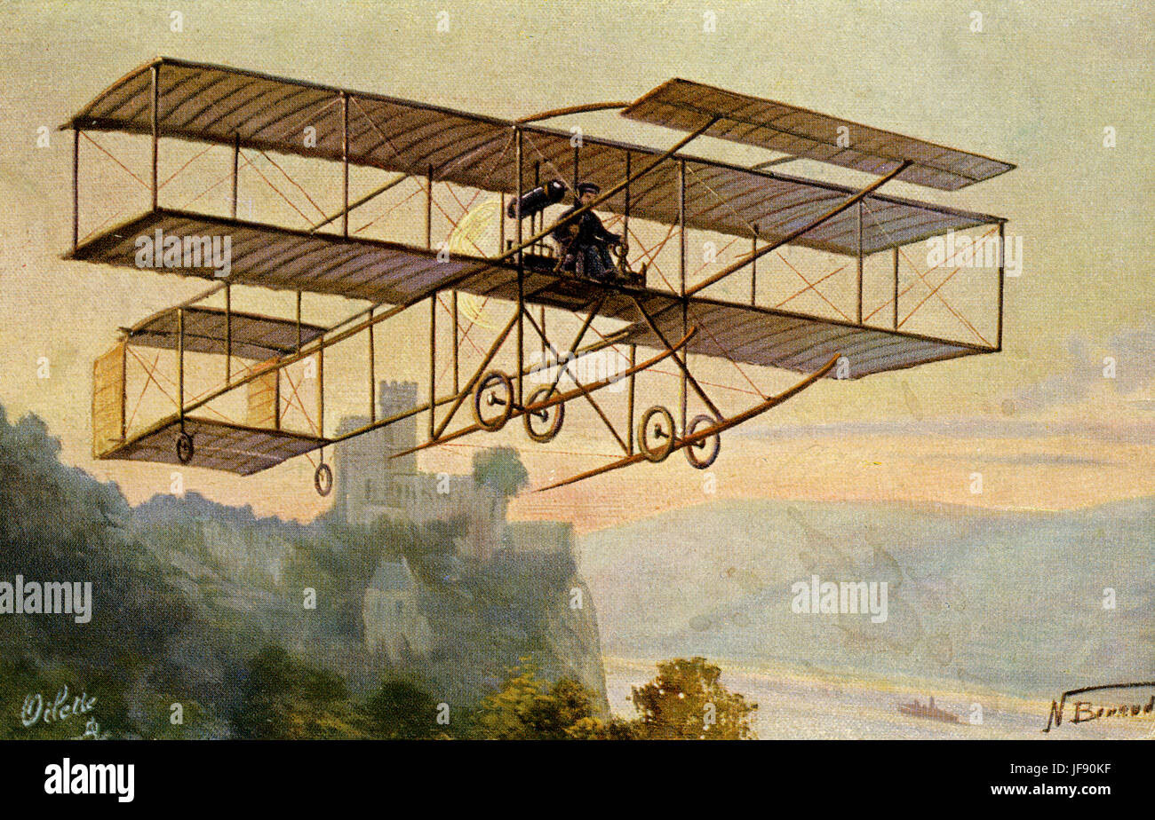Farman aereo, piano progettato da aviatore anglo-francese Henry () Henri Farman, nei primi anni del XX secolo. Doppia piano adornato con motore Gnom. Farman ha realizzato il suo famoso 144 miglia di volo in questo piano, rimanendo in aria per 4 ore, 17 minuti e 53 secondi. Foto Stock