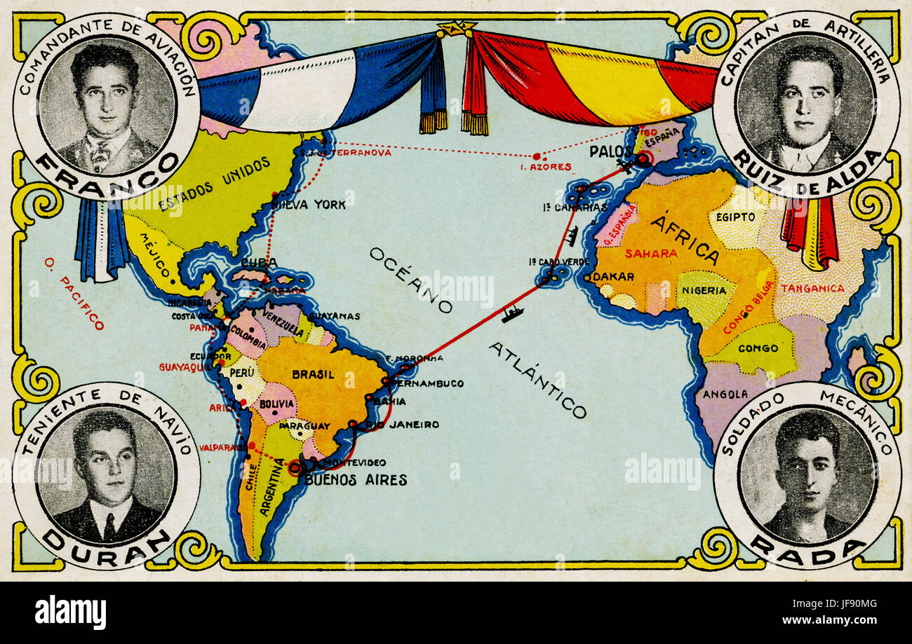 Mappa che mostra il percorso di volo della Plus Ultra, un Dornier Do J flying boat che ha completato il primo volo transatlantico tra Spagna e America del Sud nel gennaio 1926 con un equipaggio di spagnolo aviatori, Ramón Franco, Julio Ruiz de Alda Miqueleiz, Juan Manuel Duran e Pablo Rada. Illustrazione commemorativa Foto Stock