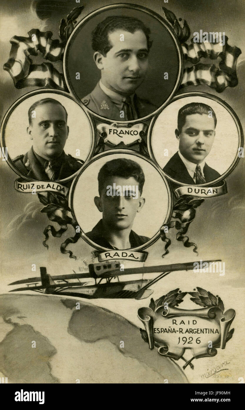 L'equipaggio del il Plus Ultra, un Dornier Do J flying boat che ha completato il primo volo transatlantico tra Spagna e America del Sud nel gennaio 1926 con un equipaggio di spagnolo aviatori, Ramón Franco, Julio Ruiz de Alda Miqueleiz, Juan Manuel Duran e Pablo Rada. Illustrazione commemorativa Foto Stock