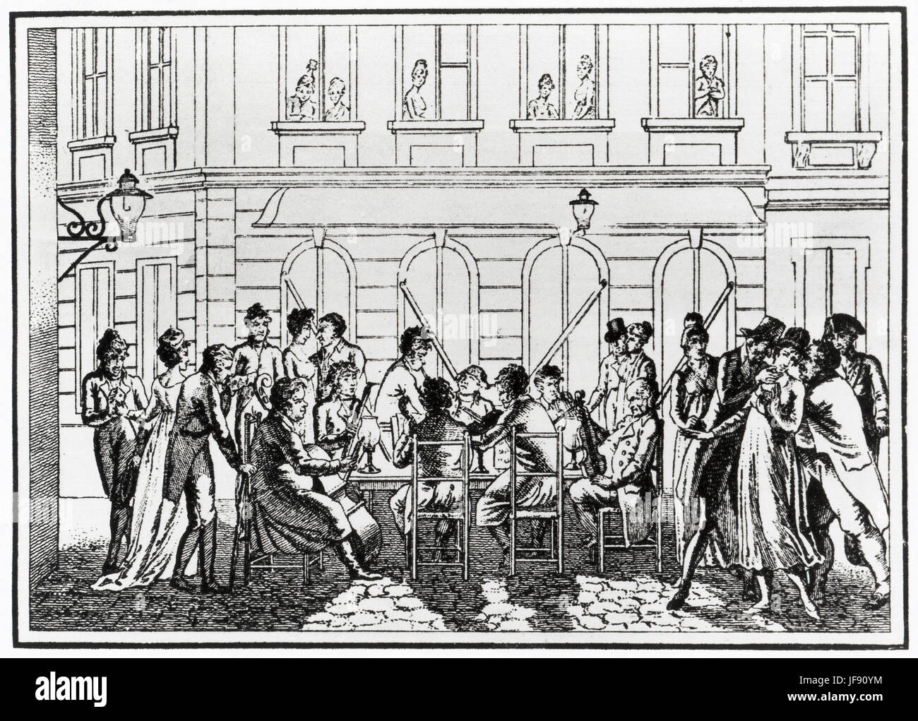 Vienna street serenade, fine XVIII secolo - musicisti punteggi letture a  lume di candela. Incisione per il "Nanettes Viennese' signore di facile  virtù. String serenade nelle strade di Vienna in Beethoven 's