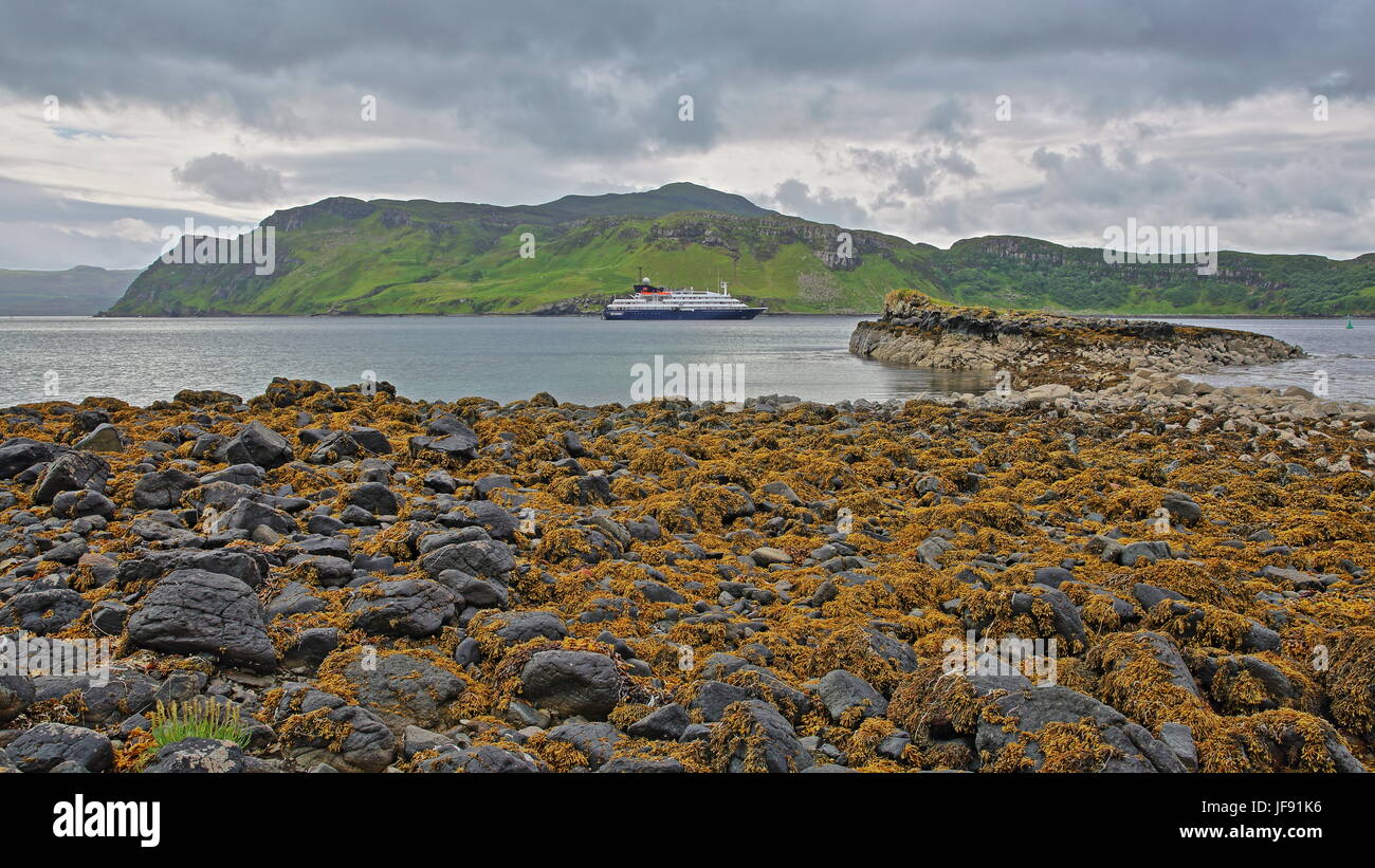 Portree Bay con l isolotto di Sgeir Mhor in primo piano e un colorato Seashore, l'Isola di Skye, Highlands, Scotland, Regno Unito Foto Stock