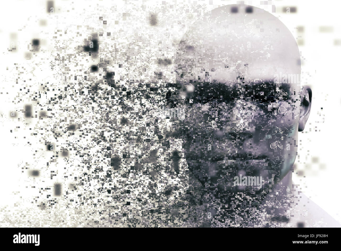 L'uomo faccia con pixel effetto di dispersione. Concetto di tecnologia, scienza moderna ma anche la disintegrazione della mente etc. Il rendering 3D Foto Stock