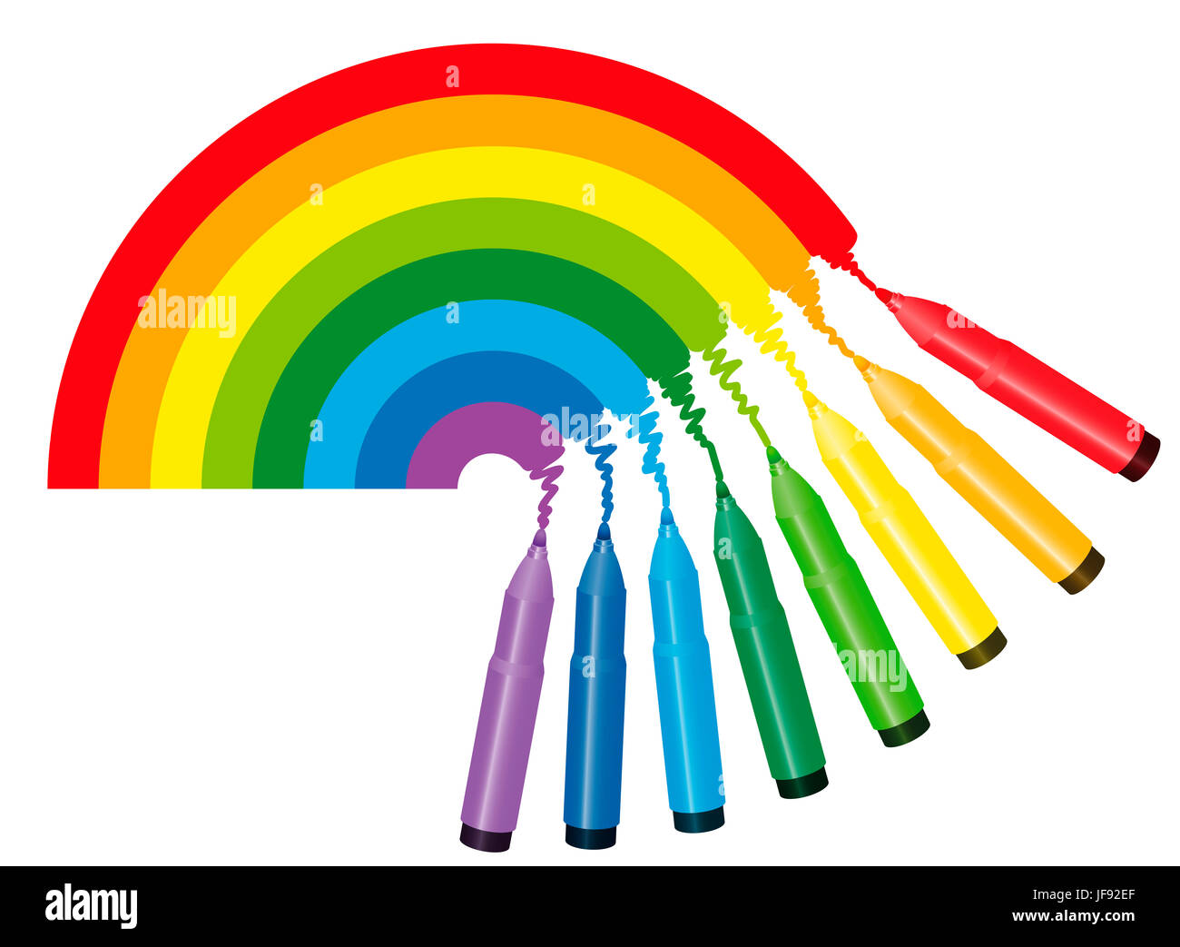 Colorazione arcobaleno immagine - otto marcatori colorati sono disegno lo spettro di colori di un arcobaleno. Foto Stock