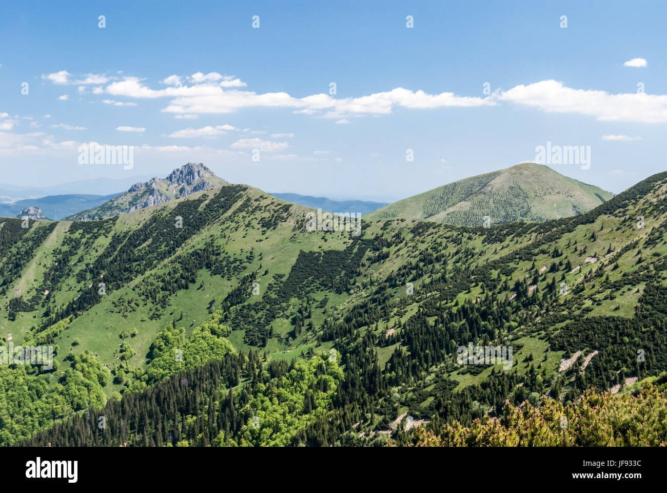 Panorama di mala Krivanska Fatra mountain range con stoh, steny, velky rozsutec e maly rozsutec colline durante le escursioni da snilovske sedlo a chleb Foto Stock
