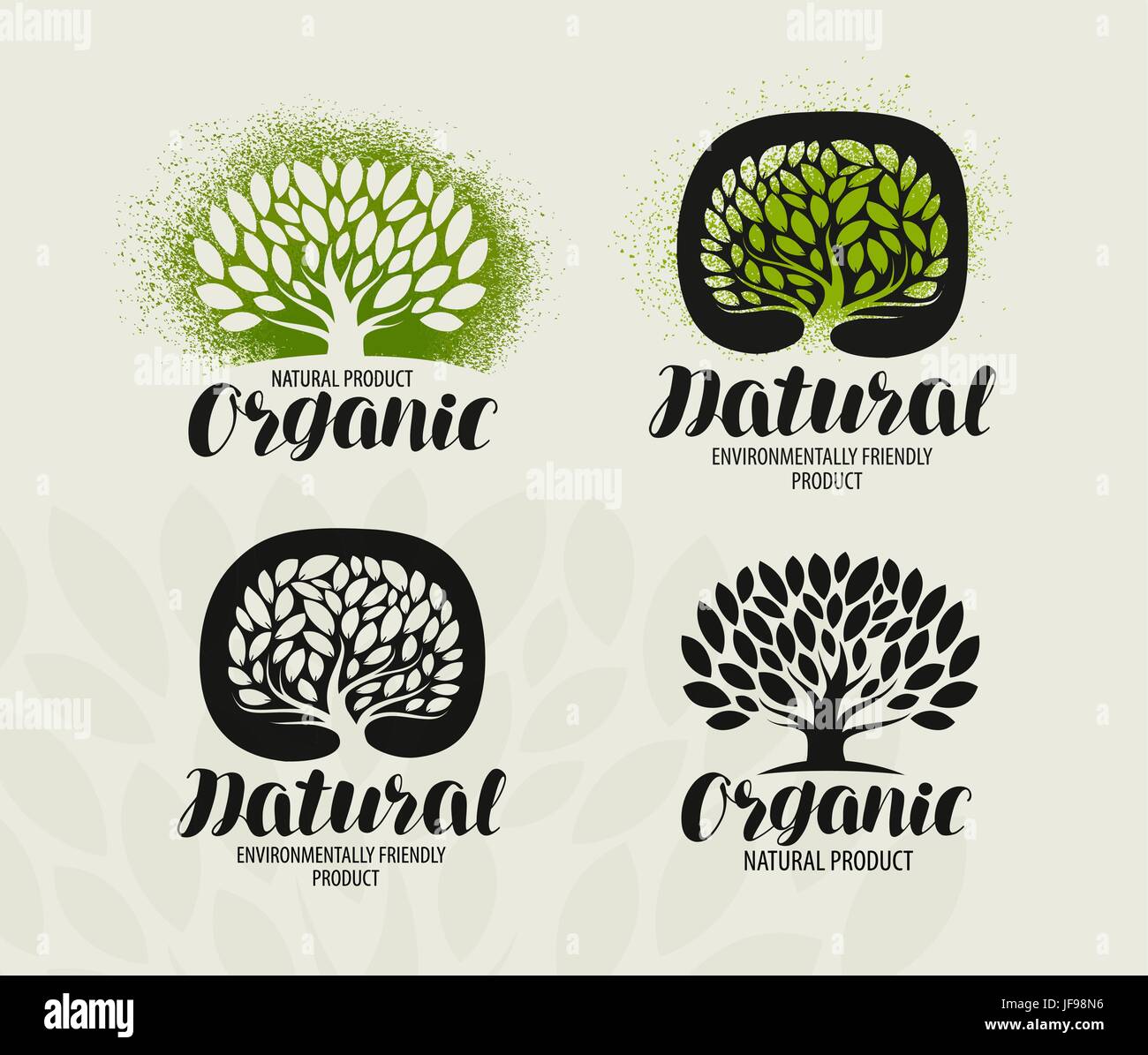 Naturale, prodotto organico etichetta impostata. Albero con foglie o icona logo. Illustrazione Vettoriale Illustrazione Vettoriale
