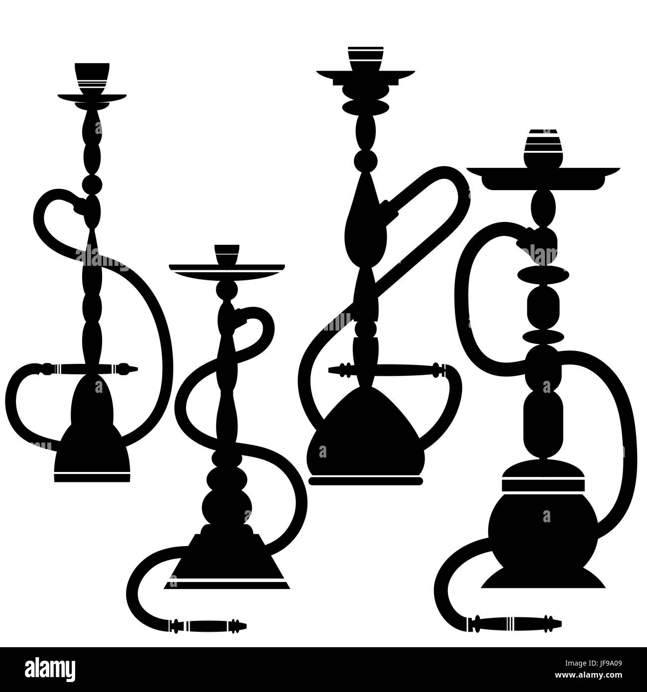 Set di sagome Hookahs isolati su sfondo bianco Illustrazione Vettoriale