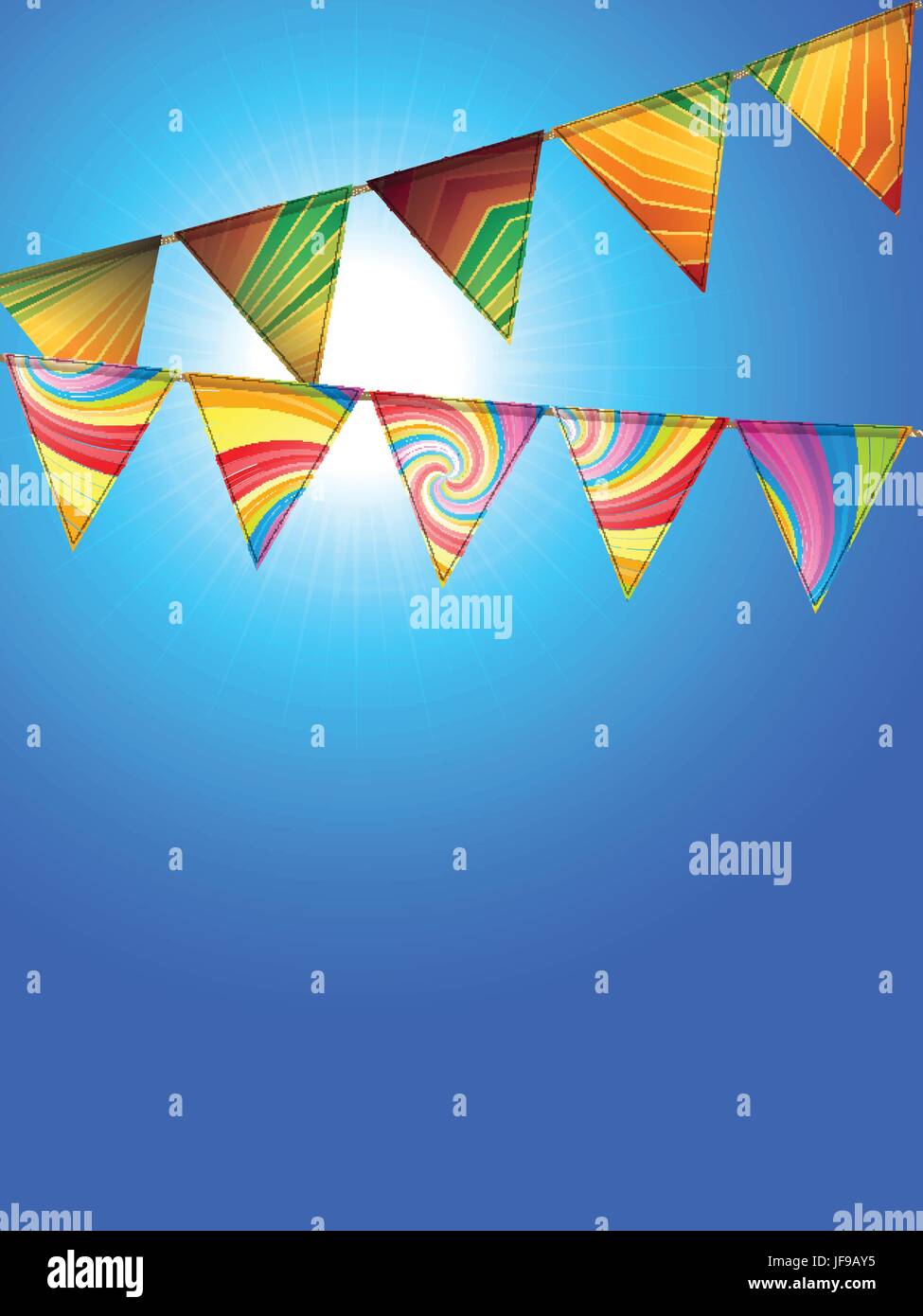 A strisce colorate e Swirl Bunting su blu cielo soleggiato sfondo Illustrazione Vettoriale