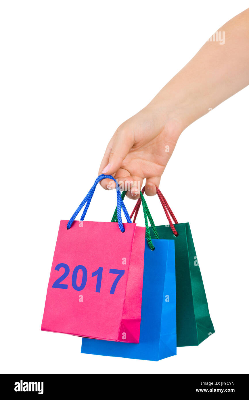 Mano con le borse per la spesa 2017 Foto Stock