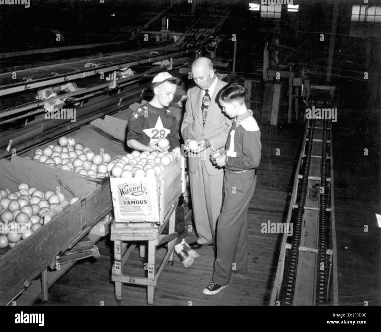 Bert Tabor e Eddy Marks ispezionano attentamente le arance, catturate in un sincero momento d'annata a Waverly Foto Stock