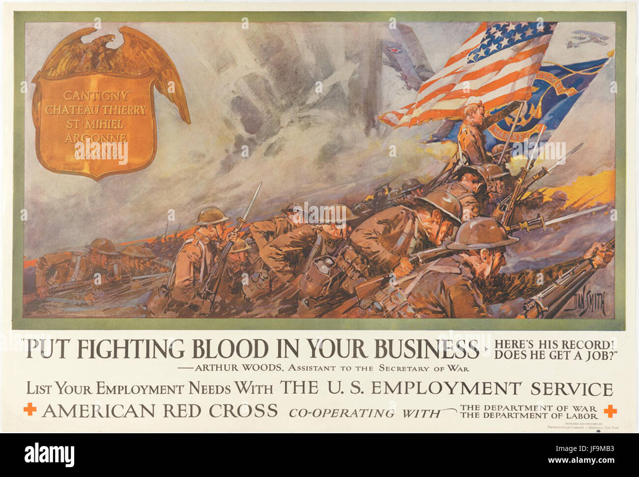Un poster motivazionale dell'era della prima guerra mondiale che esorta gli americani a incanalare lo spirito combattivo negli affari durante la guerra, sottolineando il patriottismo e la resilienza. Foto Stock