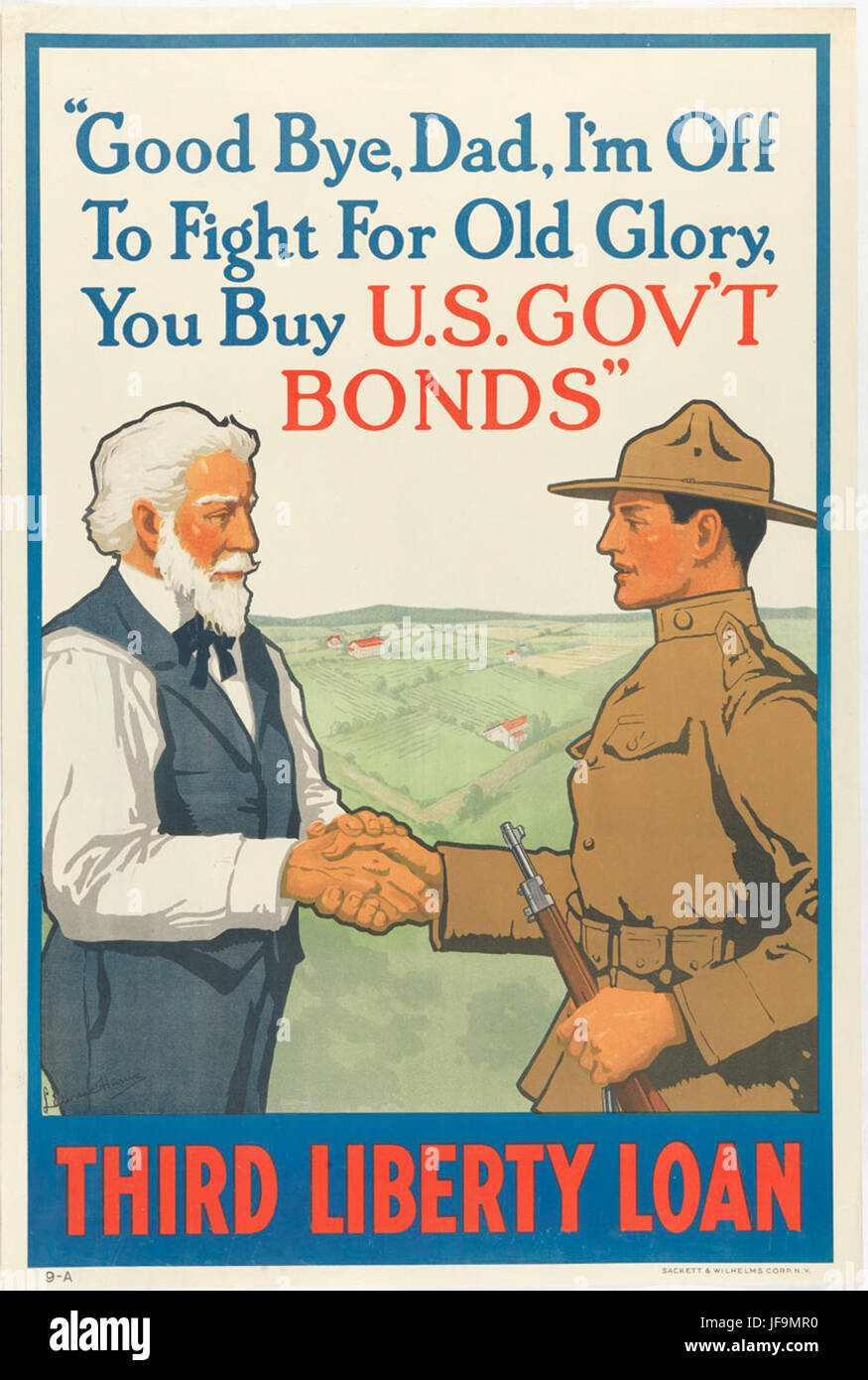 Un'immagine storica di un soldato che saluta suo padre prima di partire per combattere nella prima guerra mondiale, un momento toccante catturato nell'era dei legami Liberty. Foto Stock