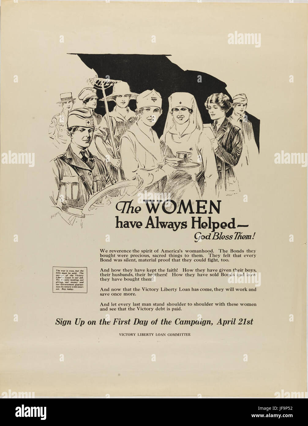 Una potente immagine propagandistica della prima guerra mondiale che mostra le donne che sostengono lo sforzo bellico, in particolare attraverso l'acquisto di obbligazioni Liberty. Questo poster sottolinea il ruolo vitale che le donne hanno giocato sul fronte interno durante la guerra. Foto Stock