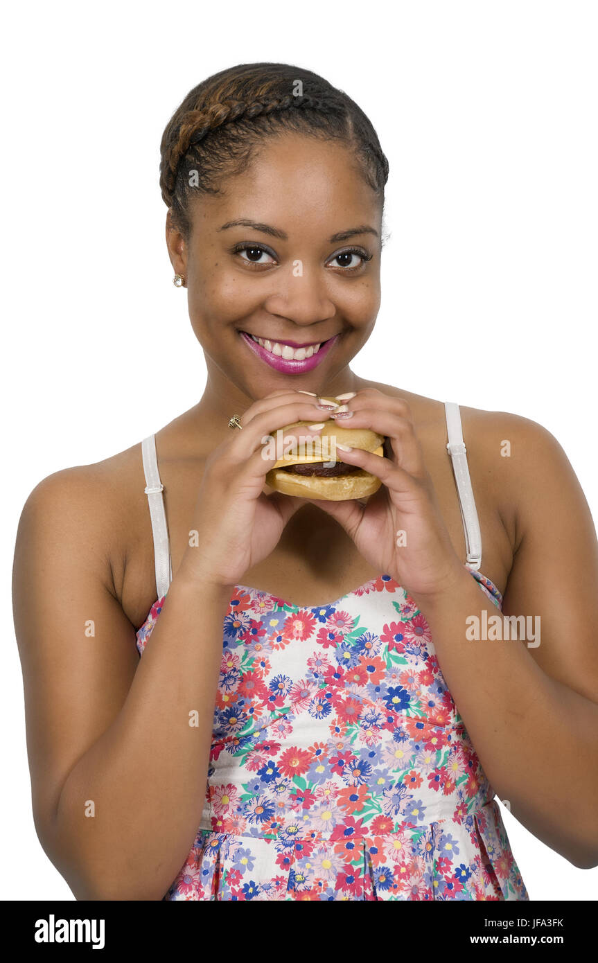Donna con Hambrger Foto Stock